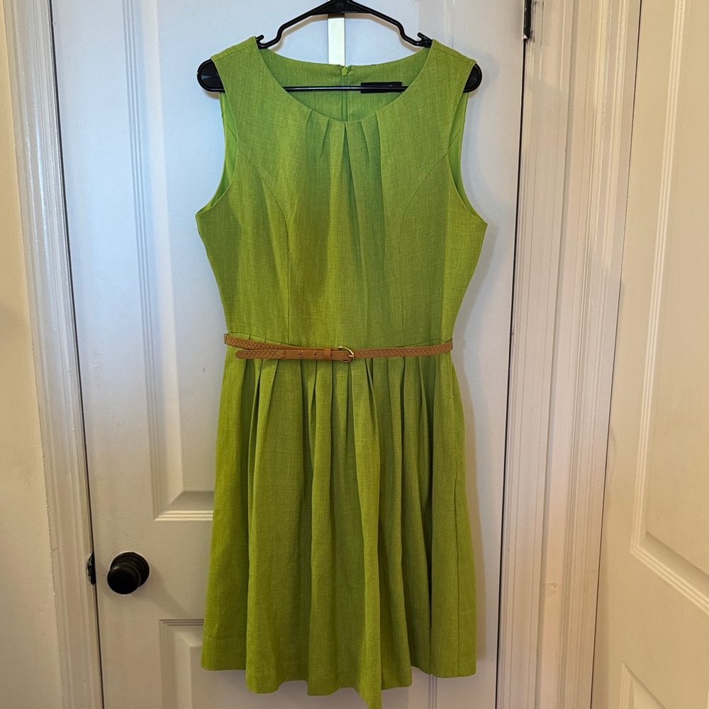 Ellen Tracy Lime Green Midi Dress with Tan Belt